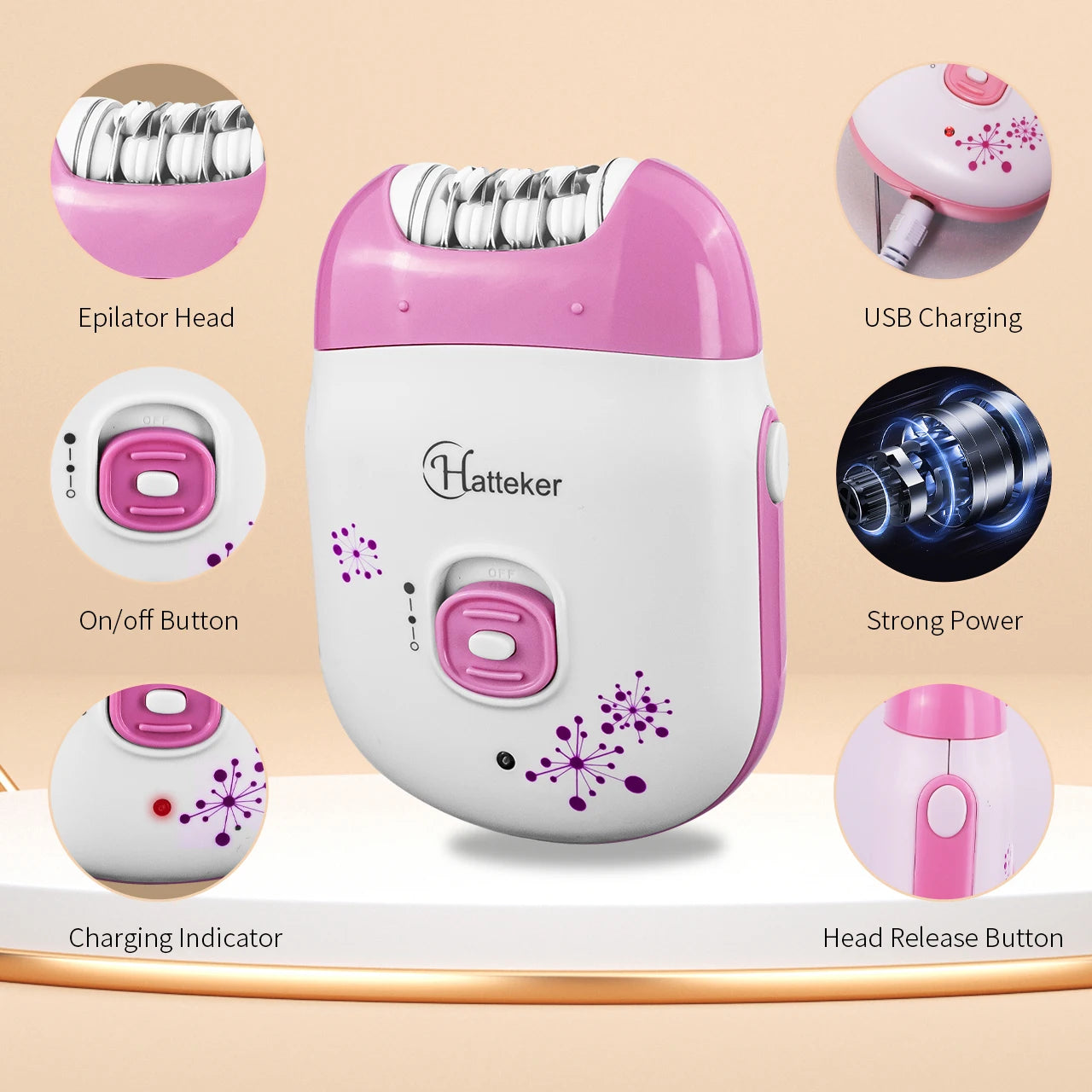 Hatteker Rechargeable Women Epilator Electric Female Epilator For Face Hair Removal Machine Facial Legs Depilatory Body