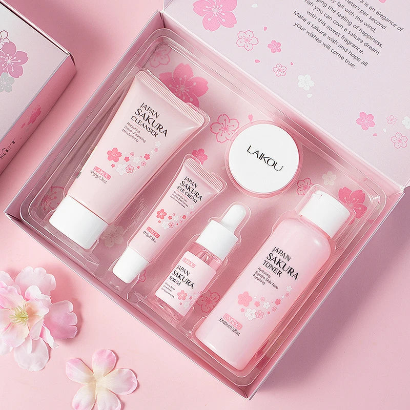 LAIKOU Japan Sakura Skin Care Set Serum Rejuvenating Cream Glowing Moisturizer Fade Blemishes 5pcs